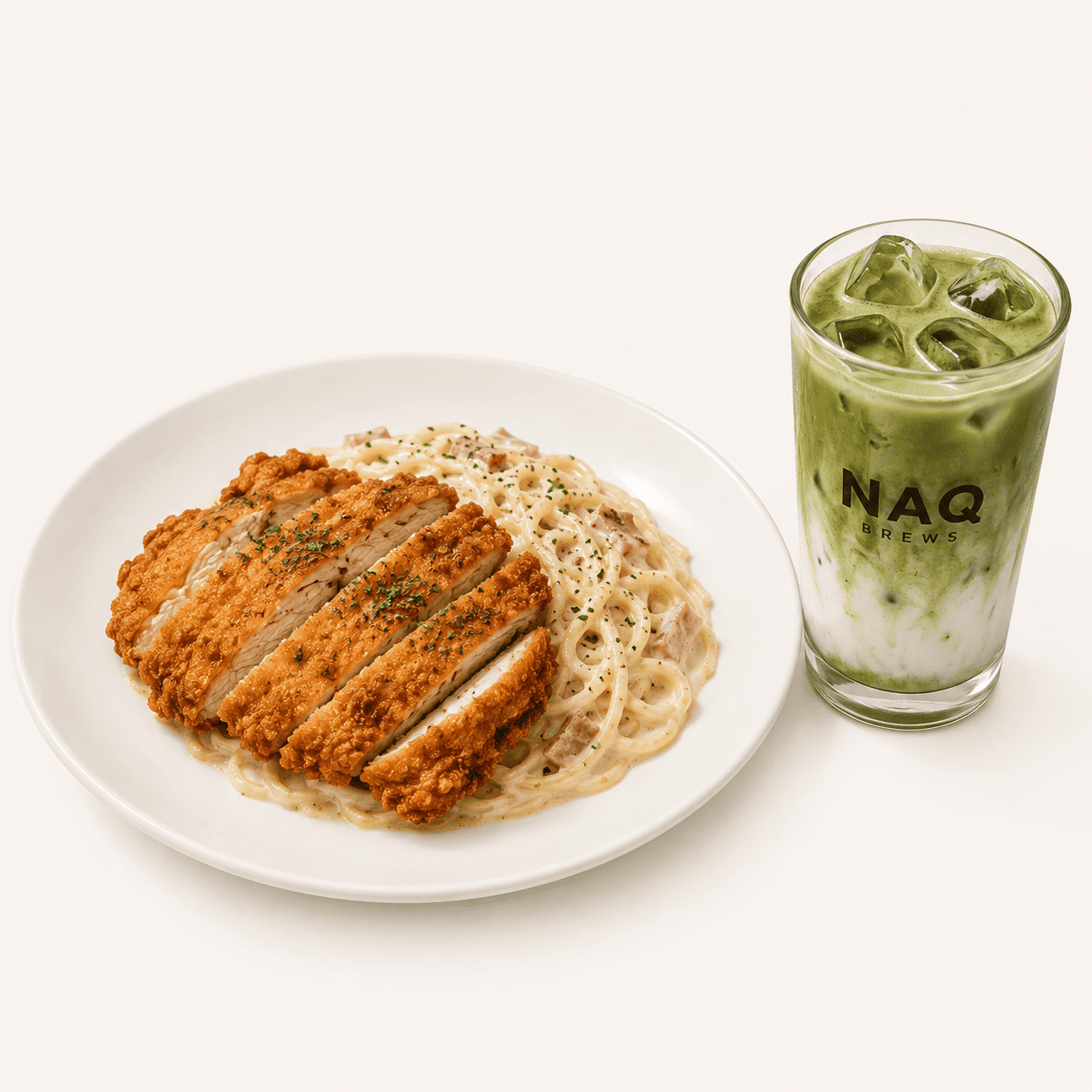 Carbonara Chicken Chop + Matcha Latte